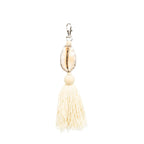 Porte-clés décoratif en bois et coton brun moucheté avec pompon écru