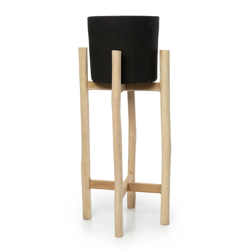 Pflanzenständer aus Naturholz mit Terrakotta-Topf in Schwarz – H68 cm