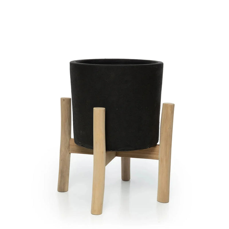 Übertopf aus Terrakotta in Schwarz auf Teakholz-Sockel H36 cm