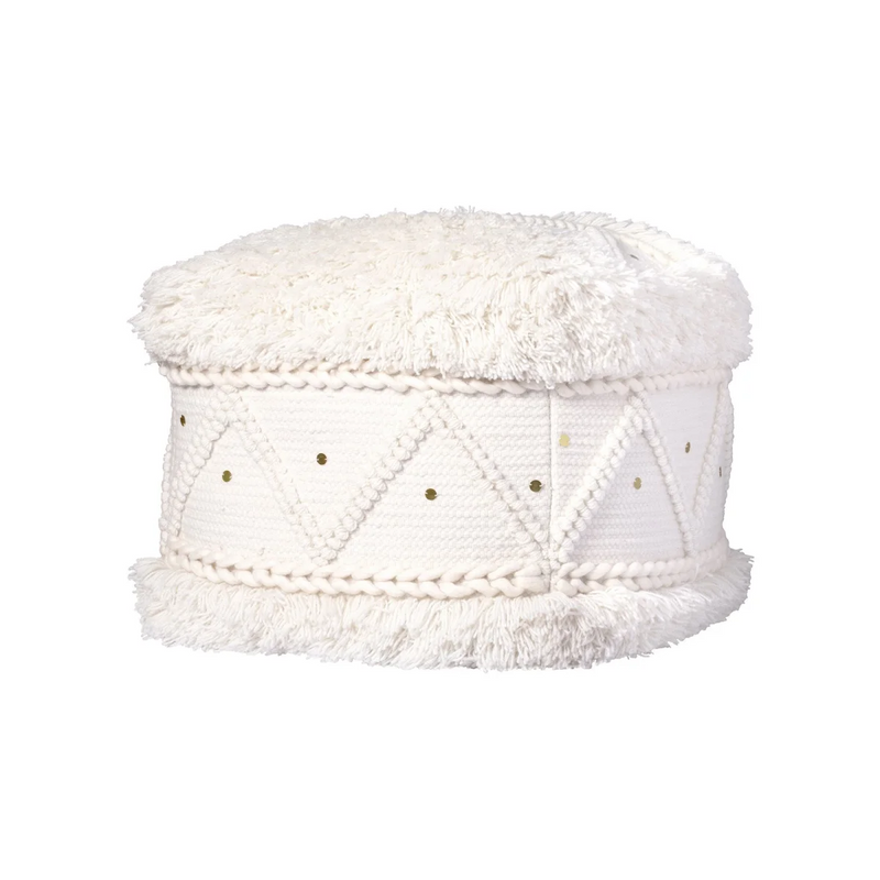 Quadratischer Pouf aus Wolle in Ecru mit Rautenmuster und Pailletten – 50x50 cm