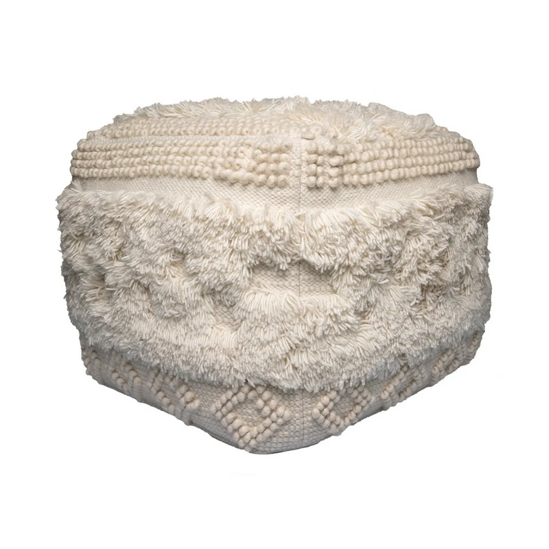 Quadratischer Pouf aus Wolle in Ecru mit Fransen und Pompons – 50x50 cm
