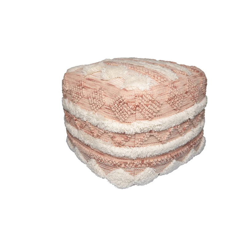 Quadratischer Pouf aus gewebter Wolle in Rosa und Creme mit Fransen – 50x50 cm