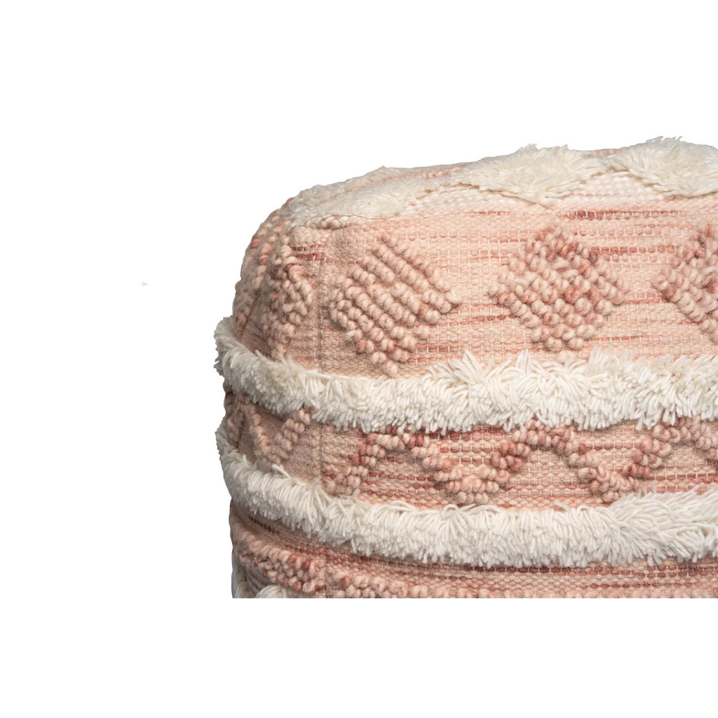 Pouf carré tissé rose et crème à franges en laine, rond, texturé, 50x50 cm