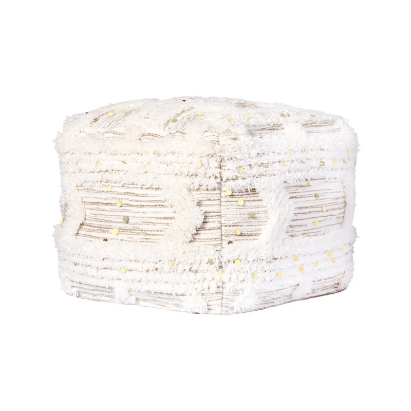 Quadratischer getufteter Pouf aus Wolle und Baumwolle in Creme und Khaki mit Fransen und Pailletten – 50x50 cm