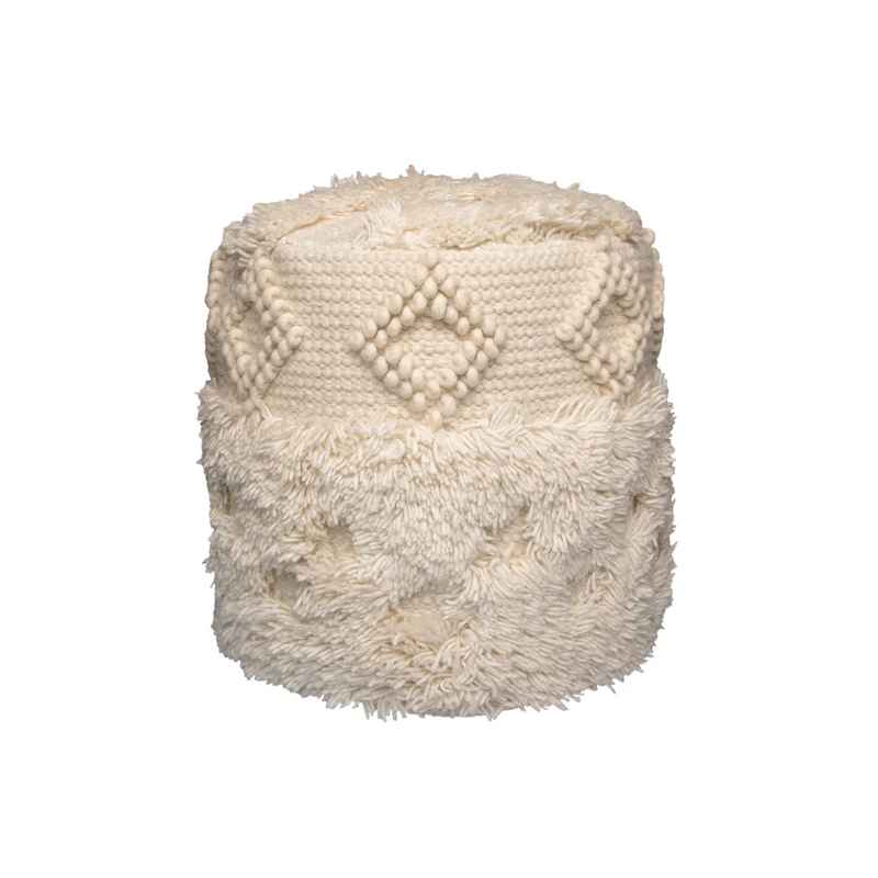 Runder Pouf in Ecru mit Bommeln aus Wolle und Baumwolle – Ø35 cm