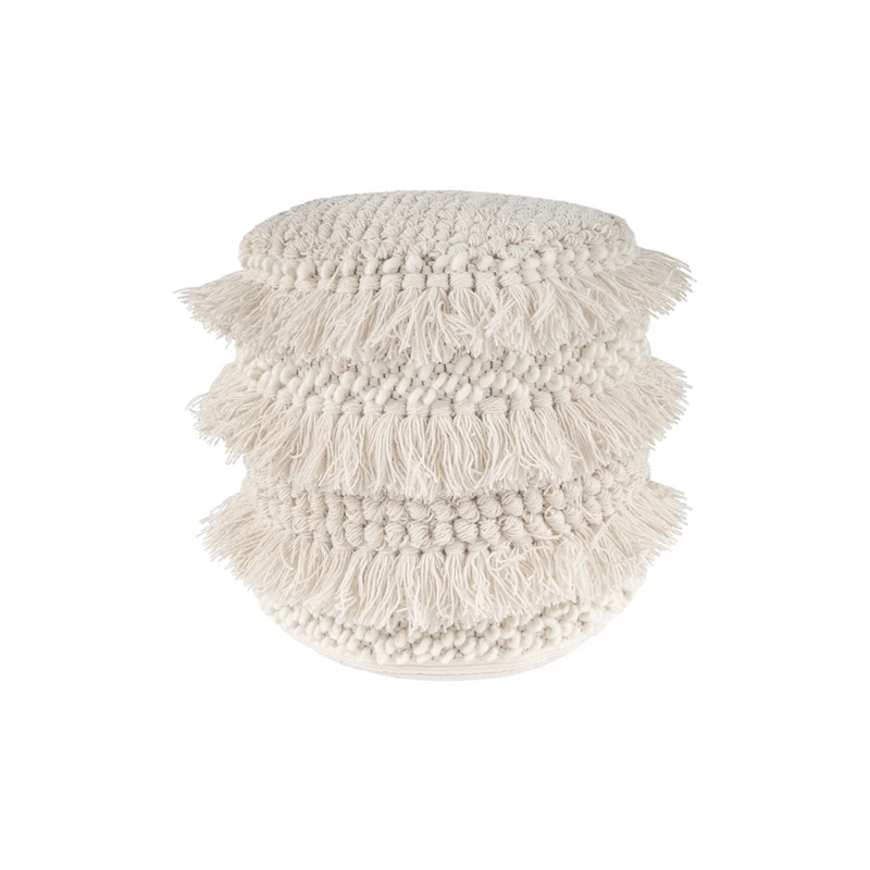 Runder Pouf aus Wolle in Ecru mit Fransen und Pompons – Ø35 cm