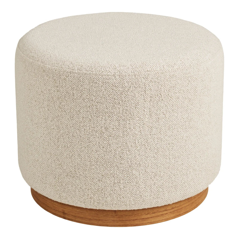 Runder Pouf aus Bouclé in Hellbeige mit Naturholz – Ø50 cm