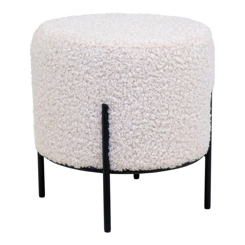Runder Pouf aus naturweißem Bouclé-Stoff mit schwarzen Metallbeinen – Ø35,5 cm