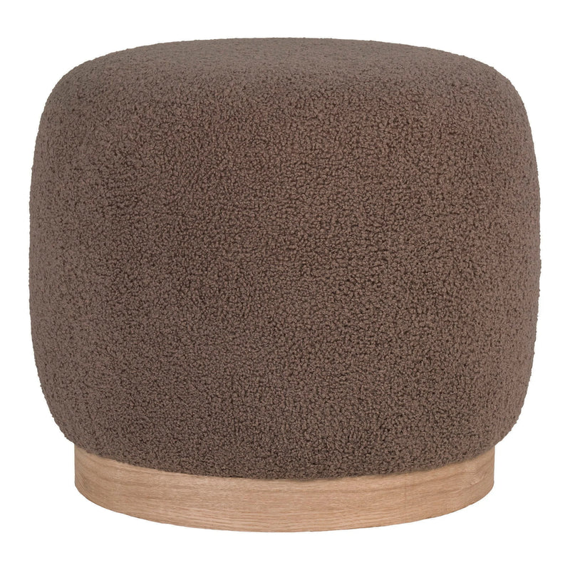 Runder Pouf aus Bouclé-Stoff in Braun mit hellem Holzsockel – Ø44,5 cm