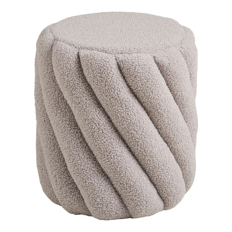 Zylindrischer Pouf aus Bouclé-Stoff in Greige mit gedrehtem Relief – Ø38xH40 cm