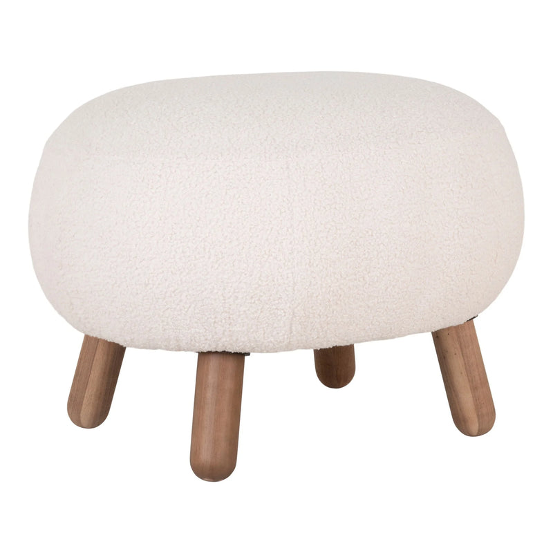 Repose-pieds rond en tissu bouclé écru pieds bois naturel – H41 cm