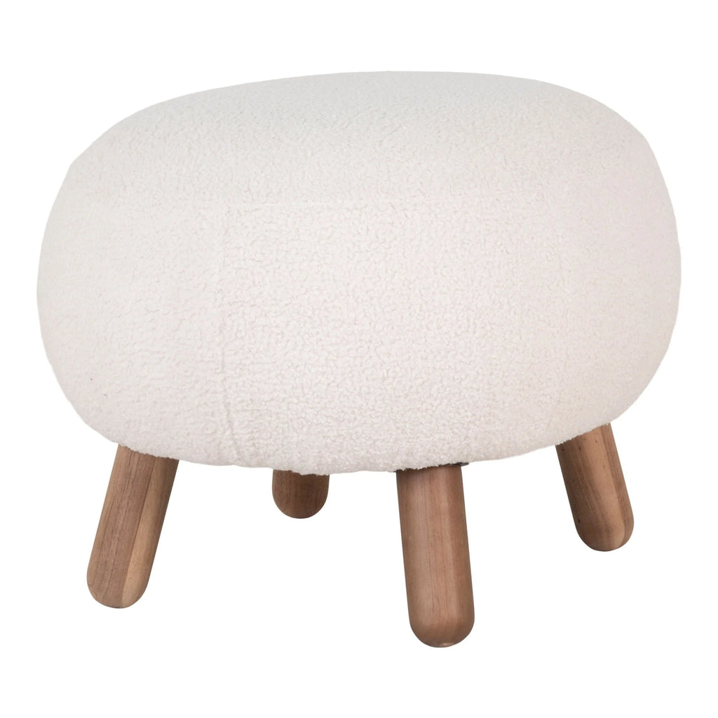 Tabouret rond en tissu bouclé écru, pieds bois naturel, H41 cm