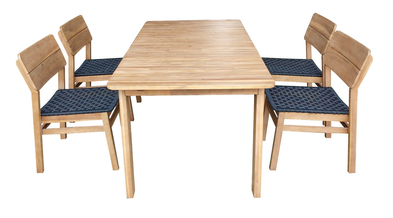Gartenset aus Akazienholz mit blauem Seilgeflecht – Tisch und 4 Stühle