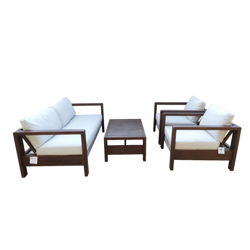 Salon de jardin bois foncé et coussins écrus pour 4 personnes – Set complet