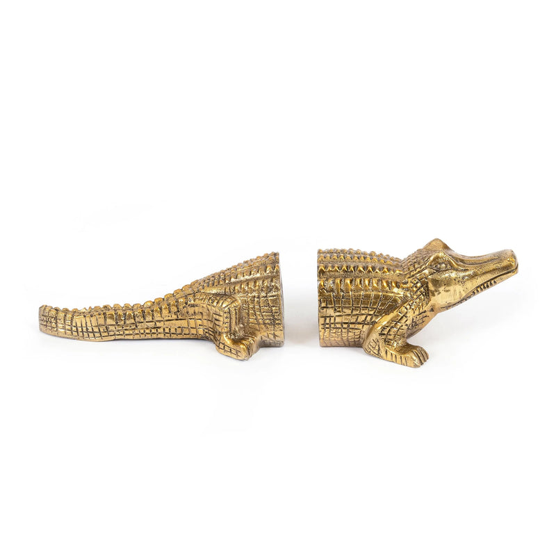 Buchstützen-Set Krokodil aus Aluminium in Altgold-Optik