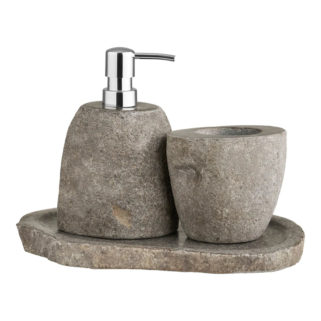 Set salle de bain en pierre naturelle galet zen, distributeur savon et porte-brosse à dents
