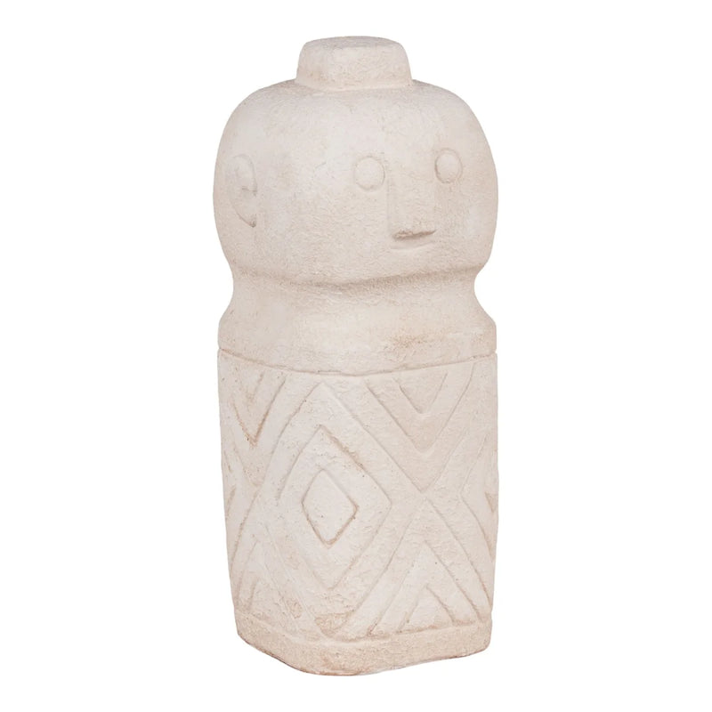 Deko-Statuette aus Keramik in Steinoptik mit graviertem Gesicht, Beige
