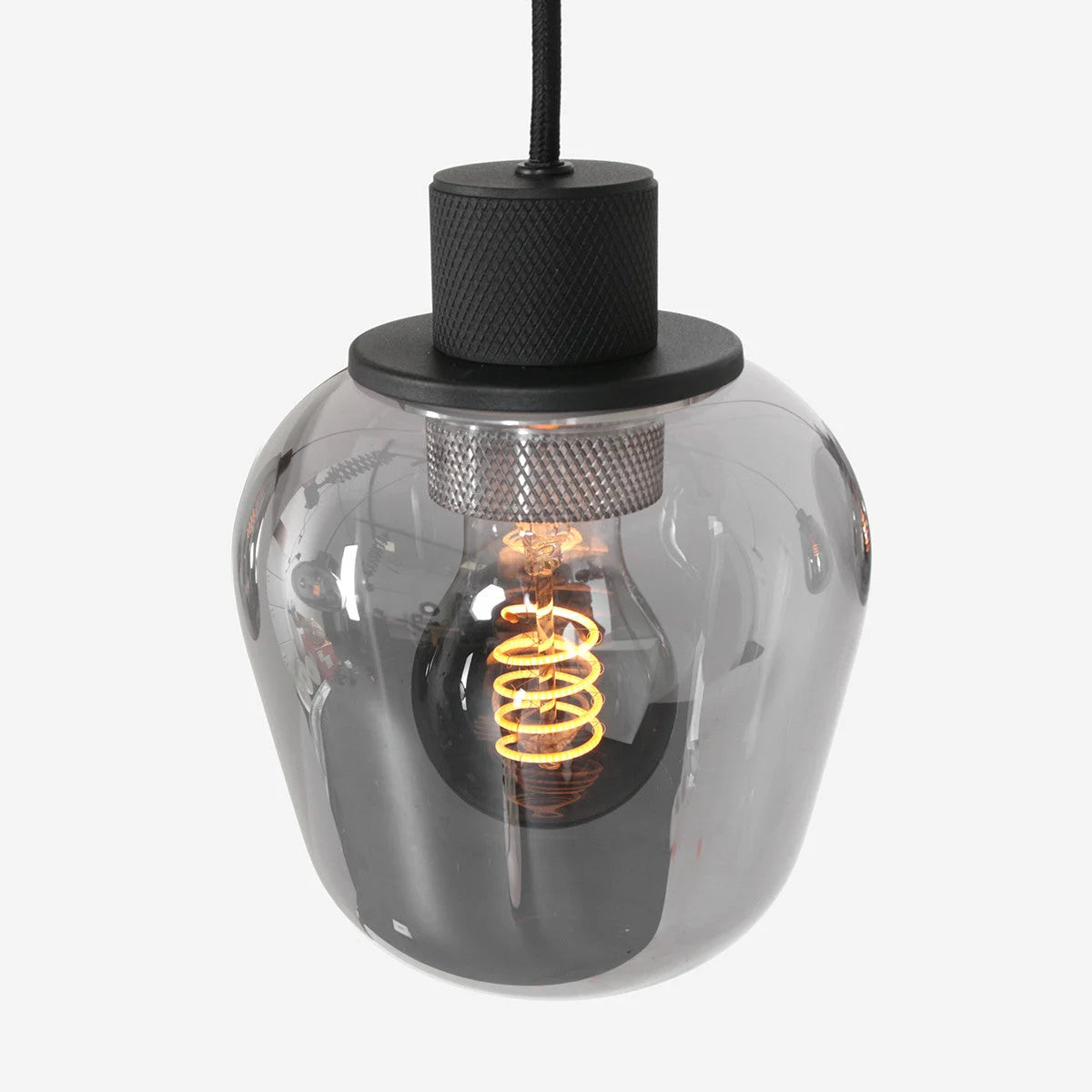 Suspension 5 lumières en verre fumé et acier noir avec ampoule à filament spiralé