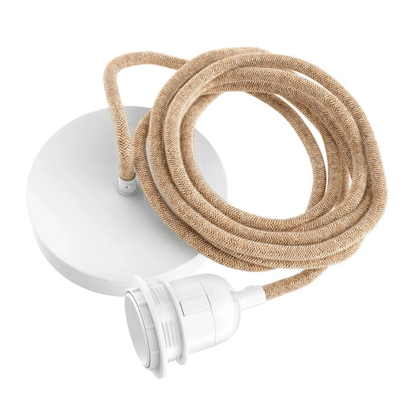 Suspension blanche avec câble tressé beige et douille E27 – L250 cm