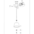 Diagram éclaté d’un luminaire suspendu en tissu blanc et métal brossé Ø50 cm