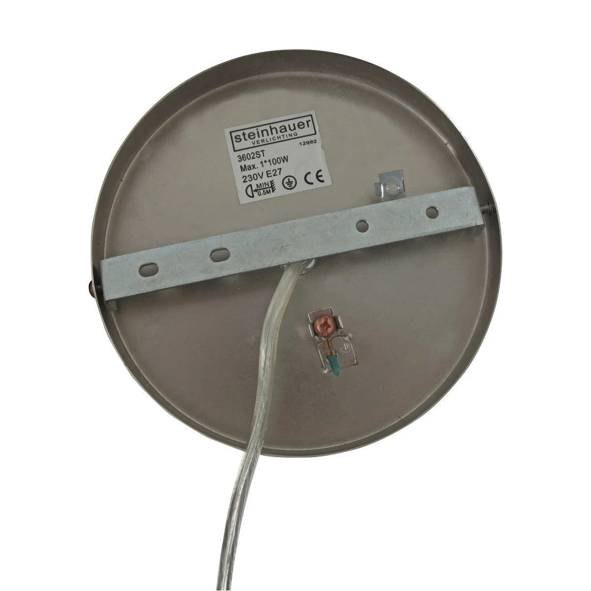 Base de fixation métallique ronde avec câblage pour suspension cylindre tissu blanc et métal brossé Ø50 cm