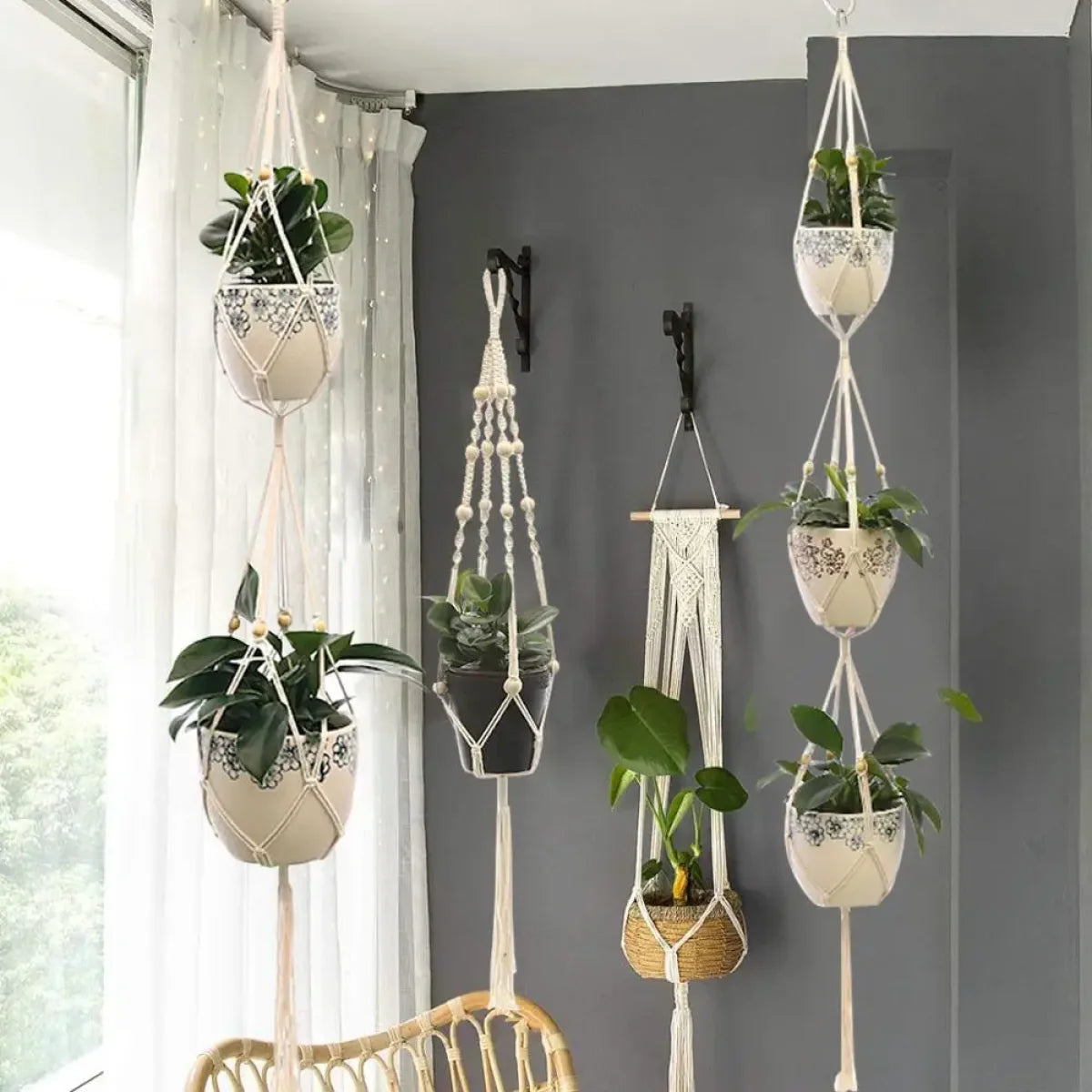 Suspension plante macramé en corde blanche avec pots de plantes vertes élégantes