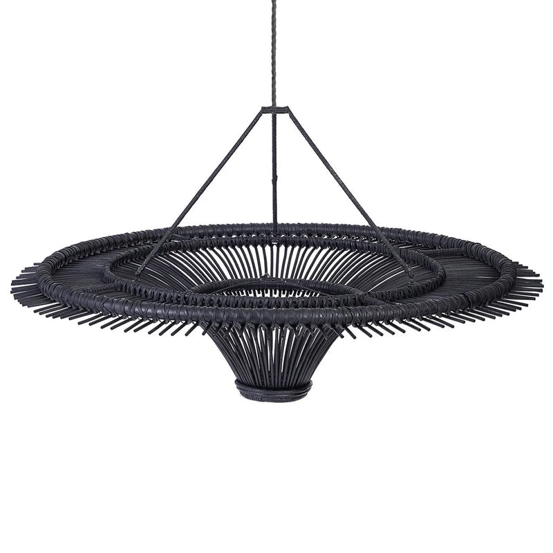 Runde Hängeleuchte aus schwarzem Rattan, durchbrochen im Sonnen-Design XXL – Ø150 cm