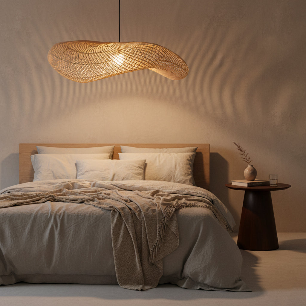 Hängeleuchte aus Rattan natur in Wellenform, durchbrochen geflochten – Ø115 cm