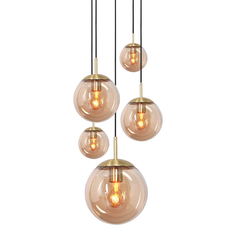 Suspension verre ambré et laiton multiglobes pour hauts plafonds – 5 lampes - Ø60 cm