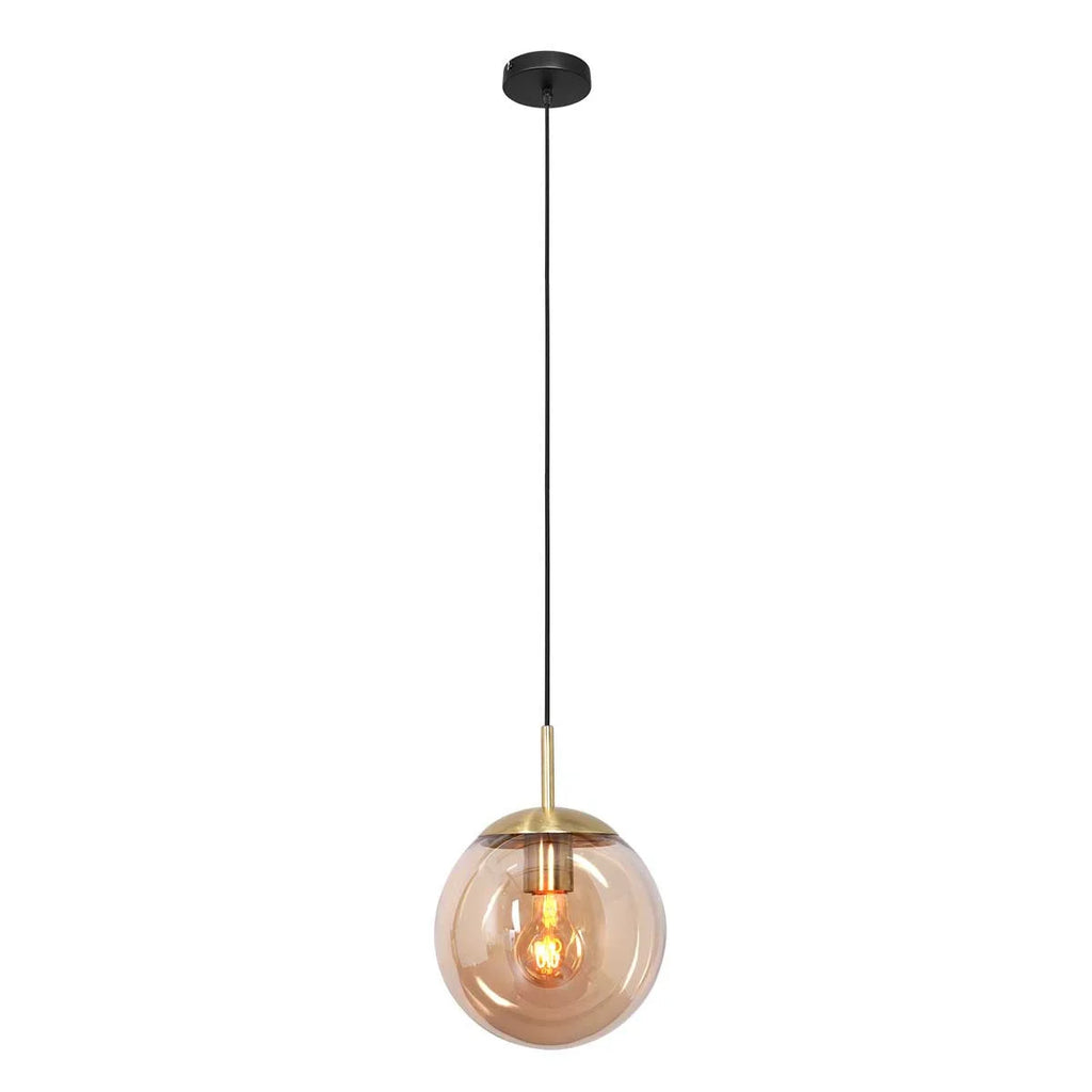 Suspension en verre ambre et métal doré sphérique, diamètre 30 cm