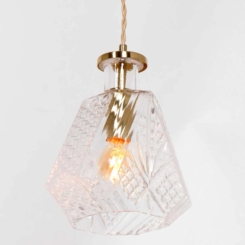 Suspension verre facetté avec accents en laiton doré et motifs gravés, Ø18 cm