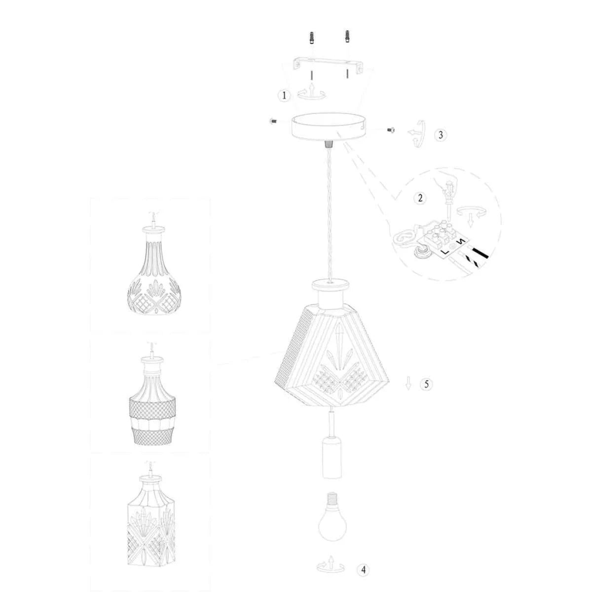Diagram éclaté du suspendeur en verre facetté et laiton doré à câble torsadé Ø18 cm