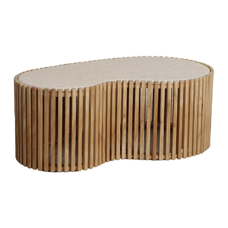Organischer Couchtisch aus beigem Marmor und hellem Holz – 93x54 cm