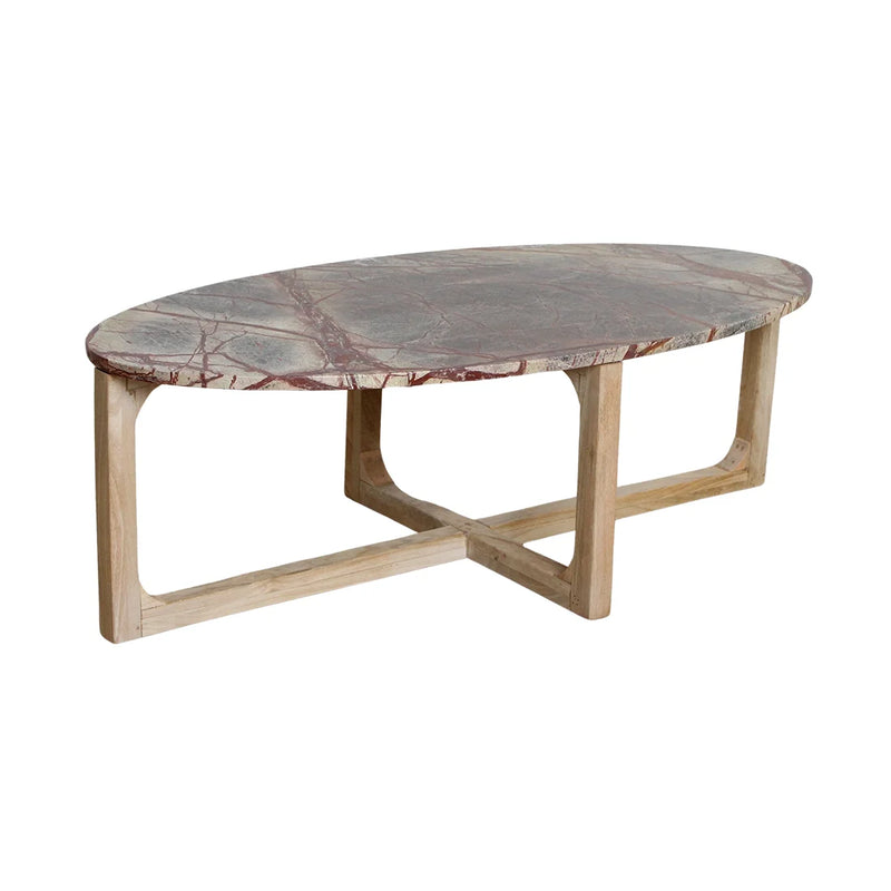 Ovaler Couchtisch aus rot geädertem Marmor und hellem Holz – 120x60 cm