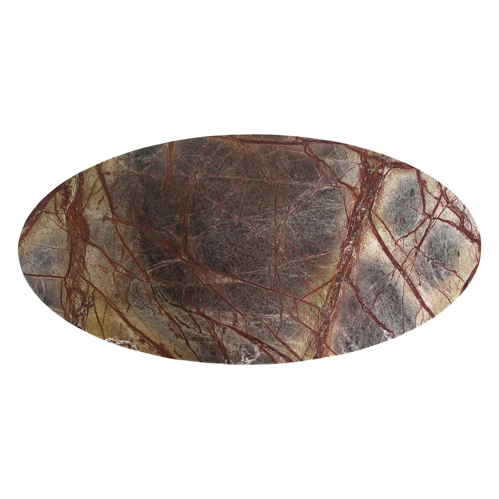 Table basse ovale en marbre veiné rouge sur bois clair, 120x60 cm