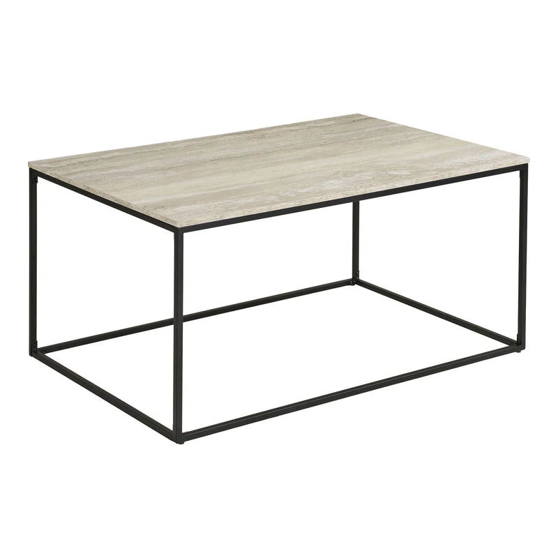 Rechteckiger Couchtisch in Travertinoptik Beige mit Gestell aus schwarzem Metall – 90x60 cm