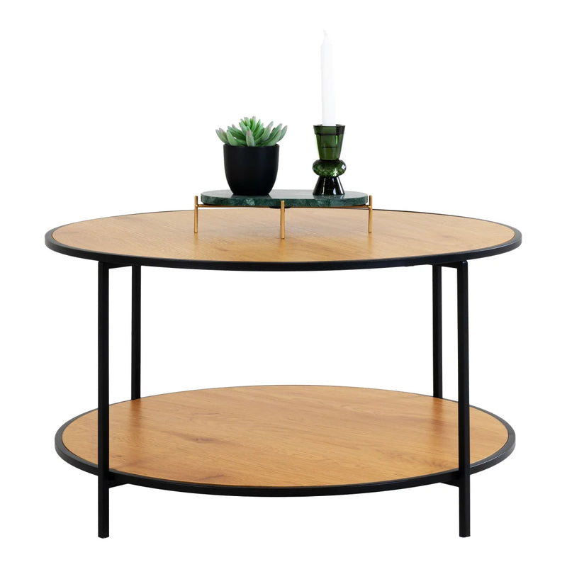 Runder Couchtisch aus hellem Holz und schwarzem Metall Ø80 cm