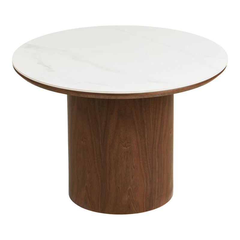 Runder Couchtisch in weißer Marmoroptik mit dunklem Holzfurnier – Ø60 cm