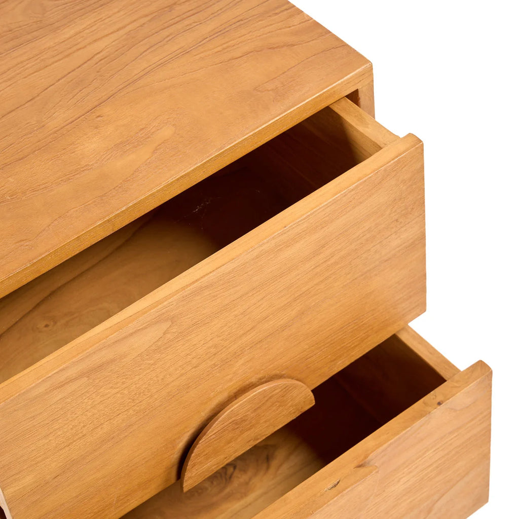 Table de chevet teck massif 2 tiroirs poignées circulaires 50x40 cm