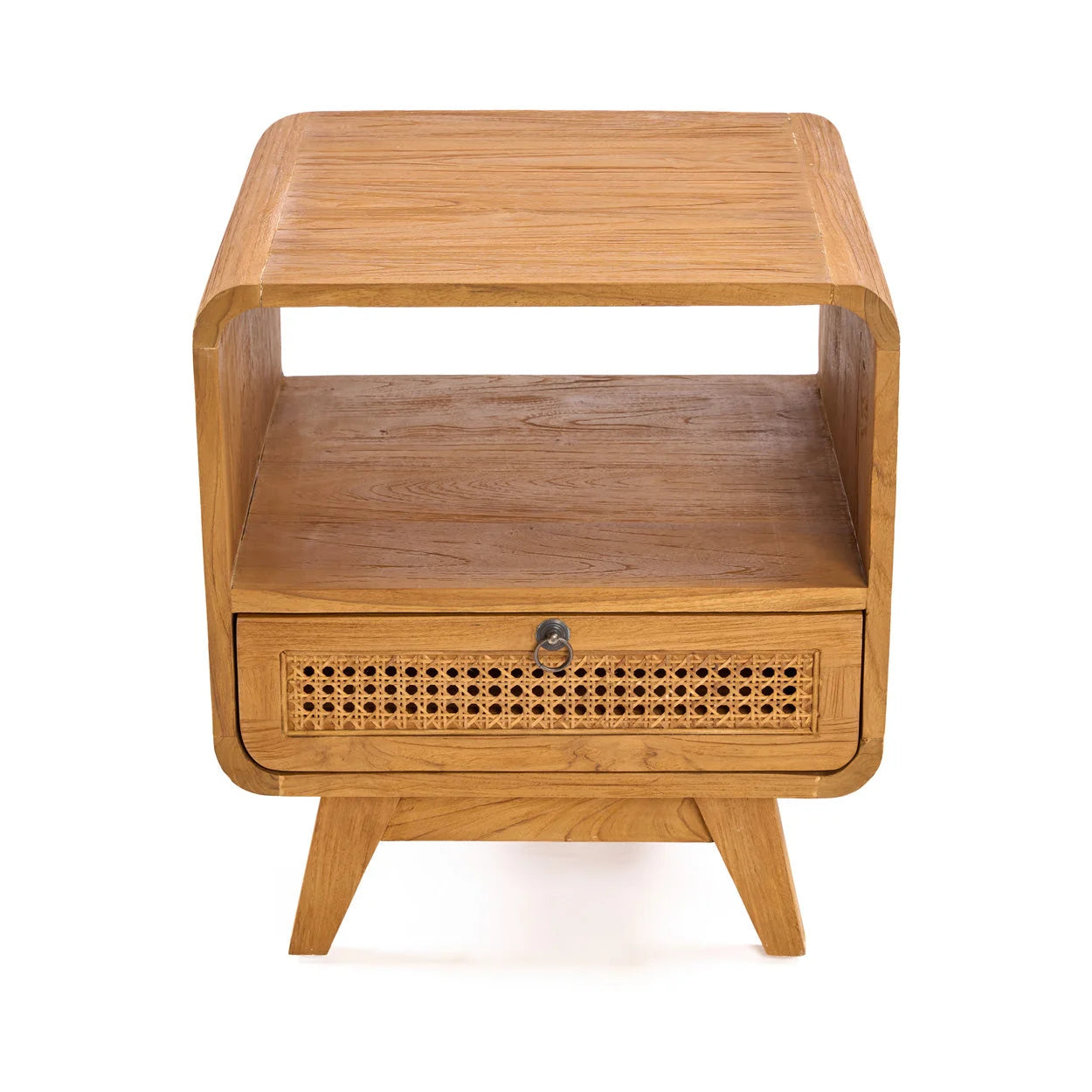 Table de chevet vintage en teck clair et rotin, 50x50 cm