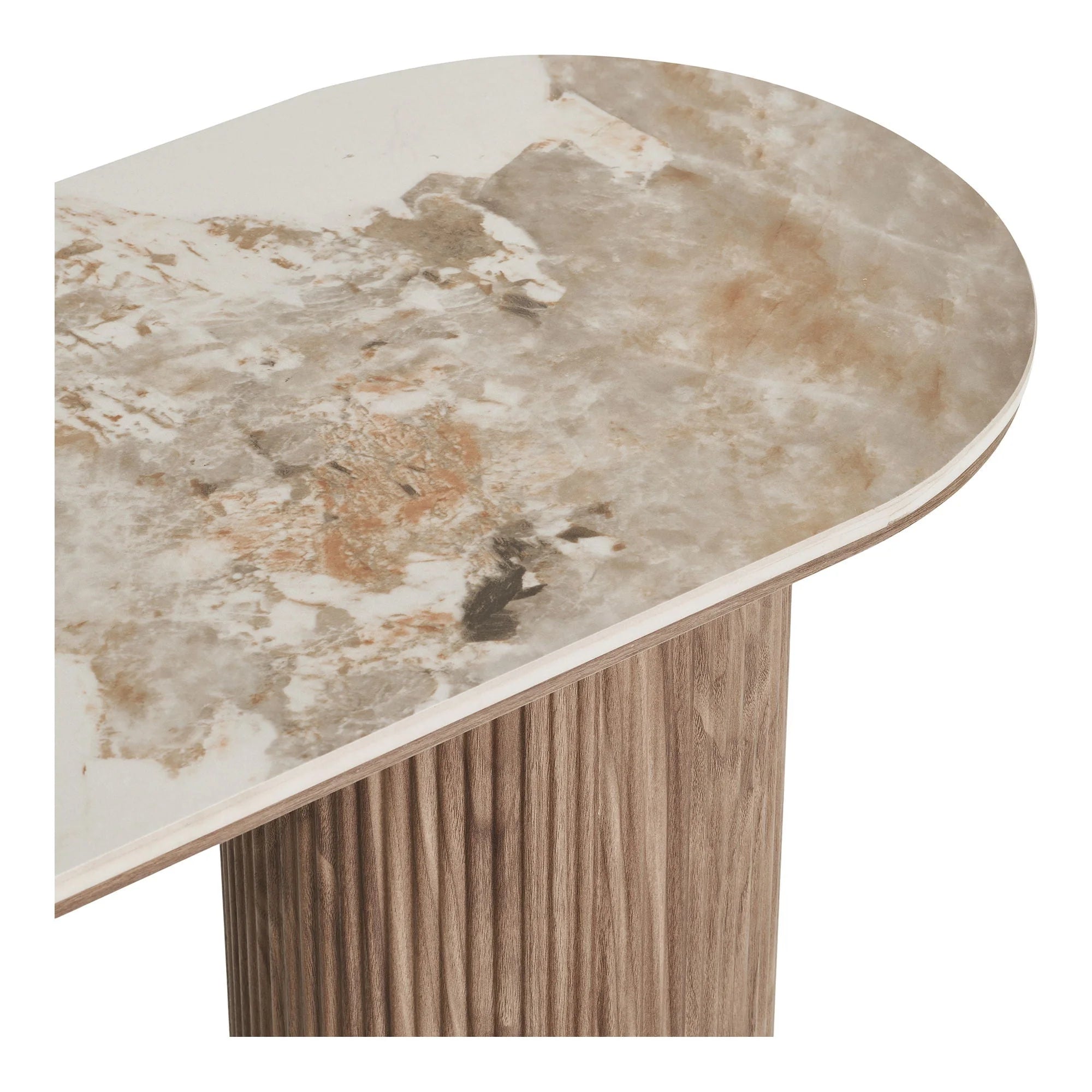 Table console effet marbre blanc veiné sur base bois strié, 120x40 cm