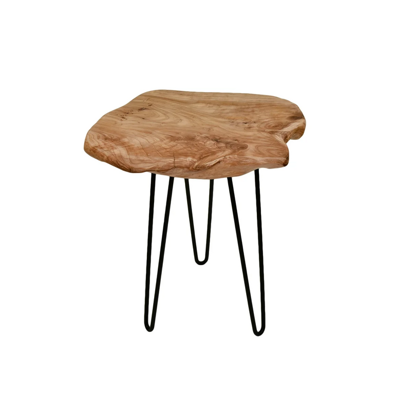Beistelltisch aus Massivholz und schwarzem Metall, organische Form – Ø30 cm