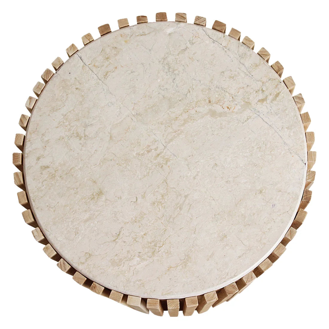 Table d’appoint ronde marbre beige bois naturel ajouré Ø40 cm