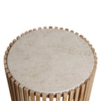 Table d’appoint ronde marbre blanc crème et bois naturel ajouré Ø40 cm