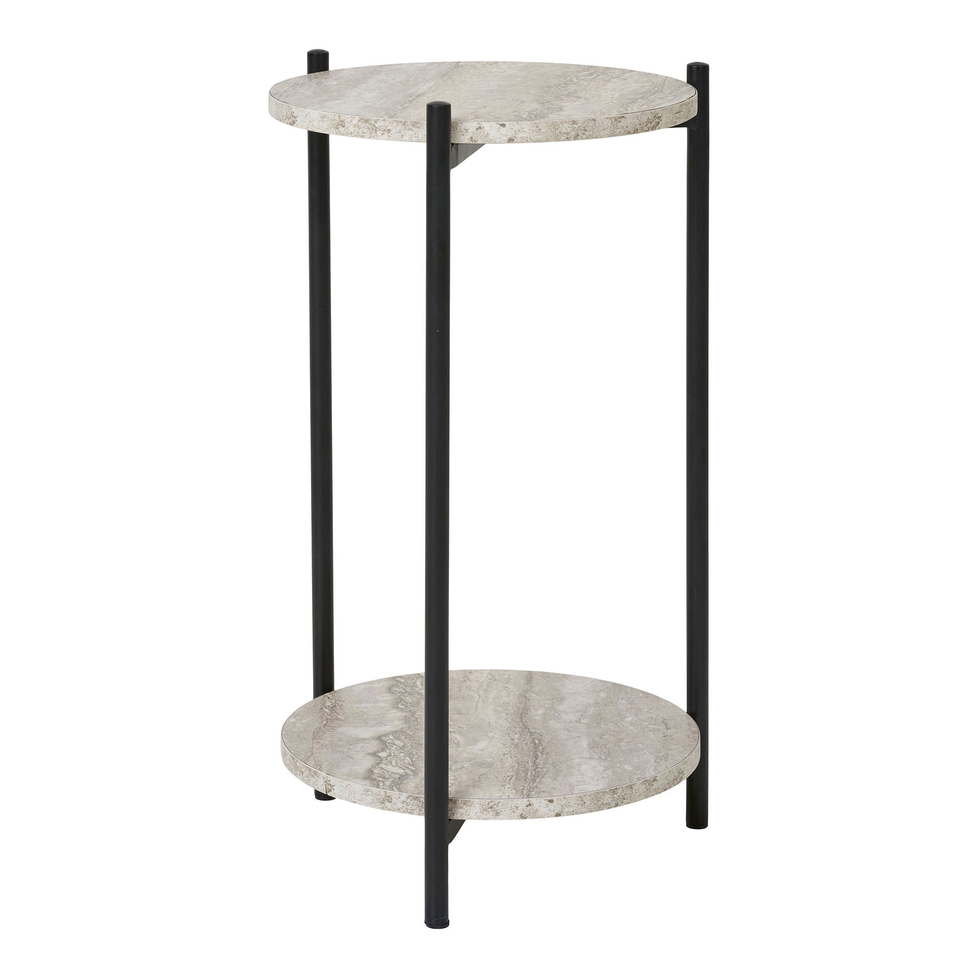 Table d’appoint moderne à deux étages en MDF effet travertin et acier noir