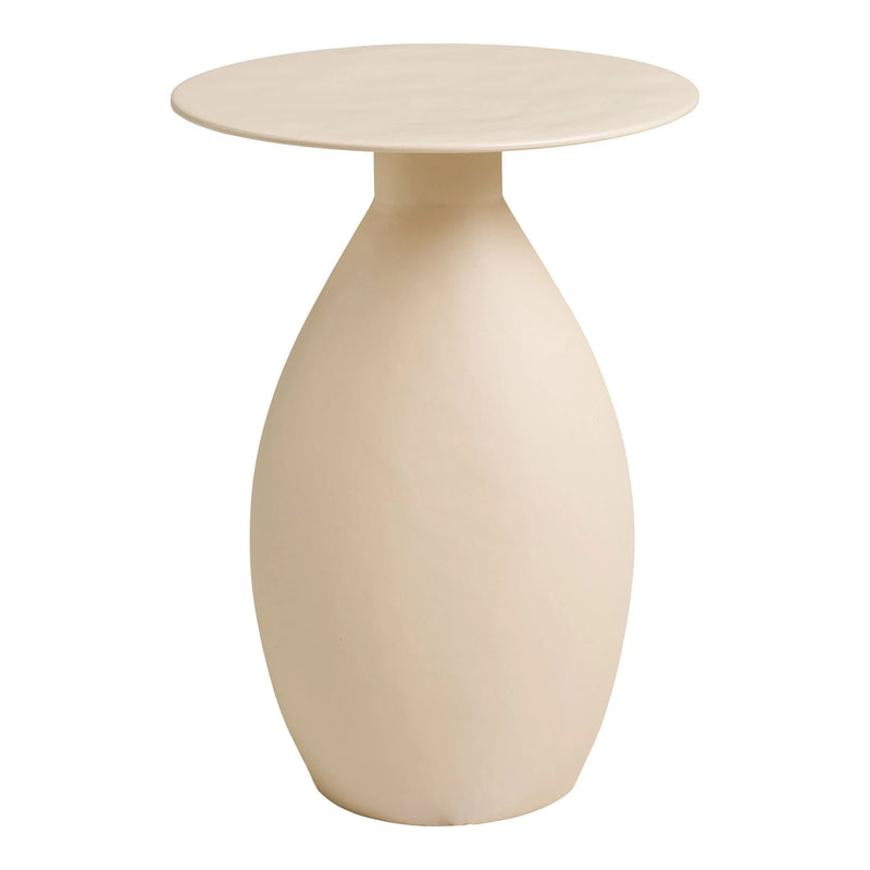 Table d’appoint en métal émaillé beige mat forme sculpturale – Ø36 cm