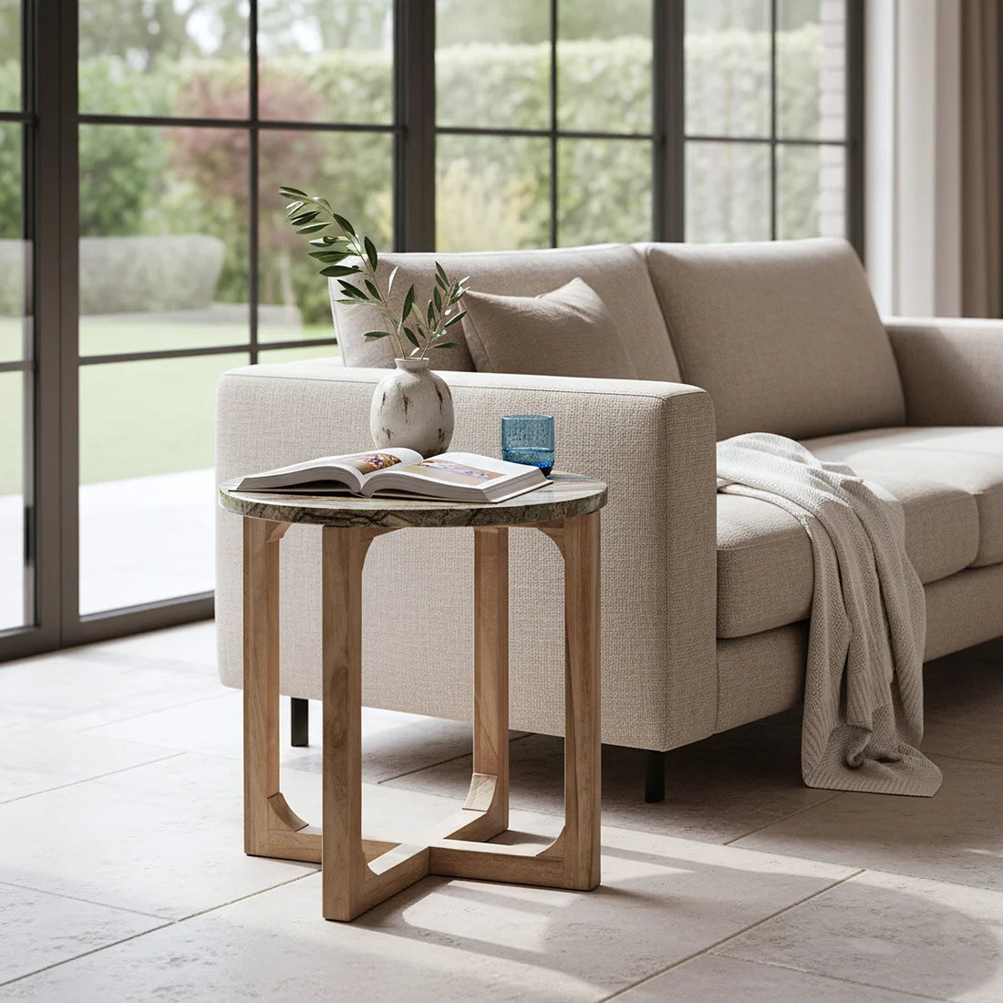 Table d’appoint ronde marbre et bois naturel 50x50 cm géométrique élégante