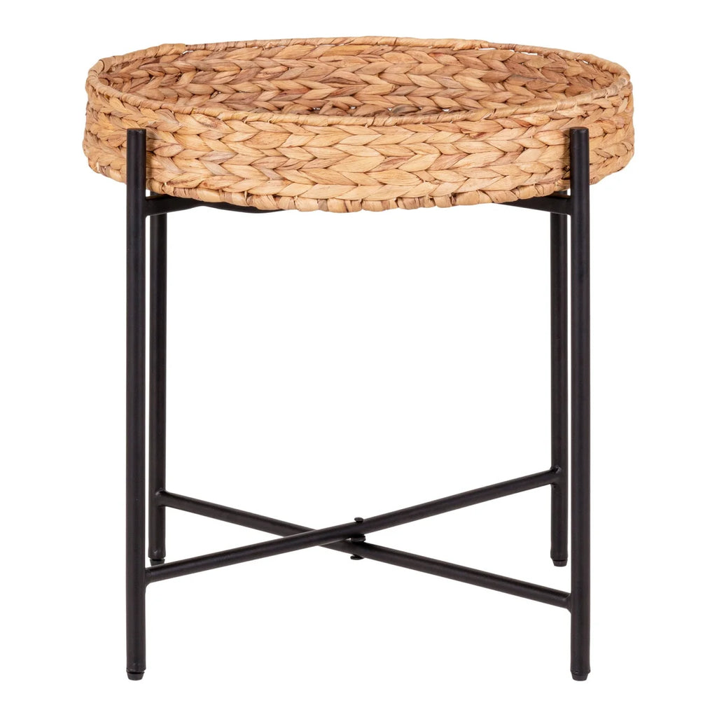 Plateau en osier naturel avec cadre en métal noir, table ronde en métal et jacinthe d’eau Ø50 cm