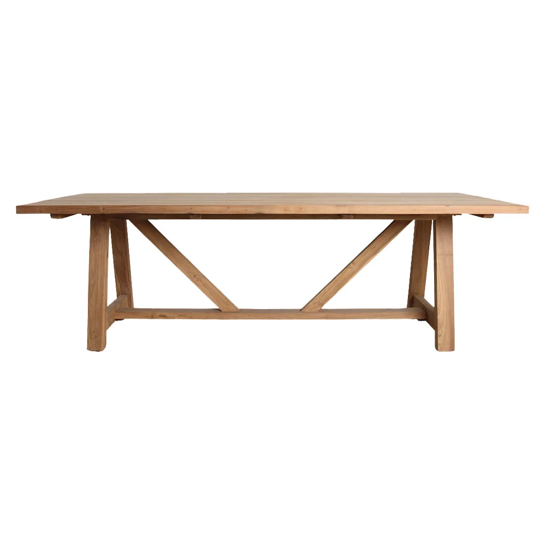 Table de jardin en teck massif pieds tréteaux 240x100 cm rustique