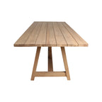Table de jardin en teck massif pieds tréteaux 240x100 cm, plateau ajouré clair